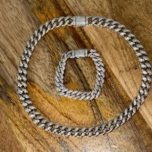 Pave Cuban Link Necklace and Bracelet Set - Silver Tone